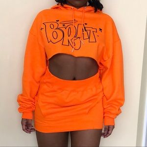 Tops | Neon Orange Brat Hoodie Skirt Set | Poshmark